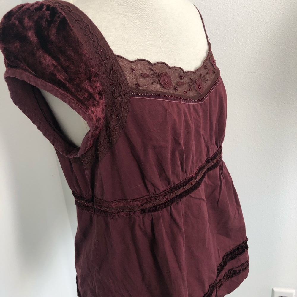 Wine s/s Cotton Blouse w/ Beads & Lace L